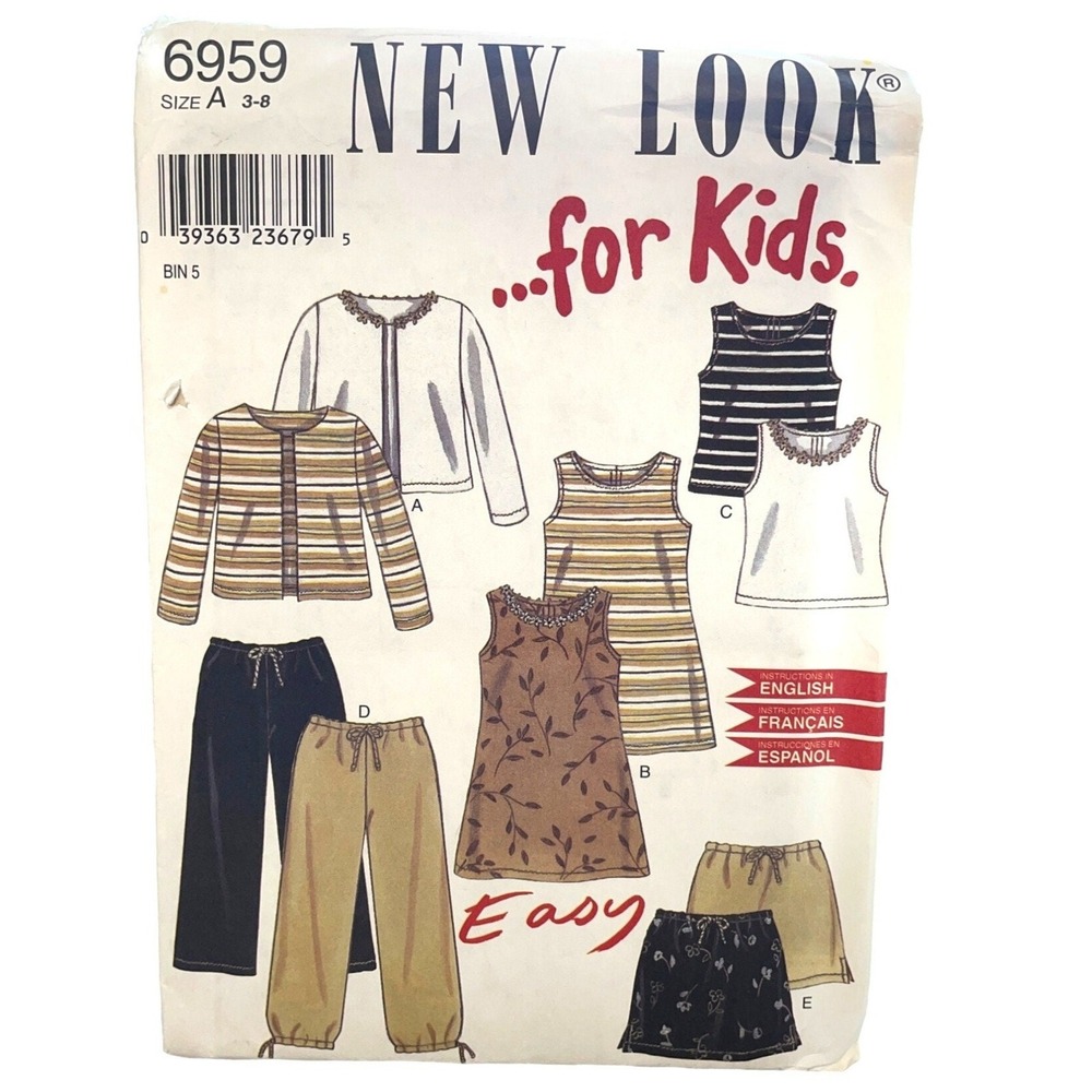 New Look 6959 Sewing Pattern Child Size 3-8 White Cardigan Top Pants Skirt Uncut